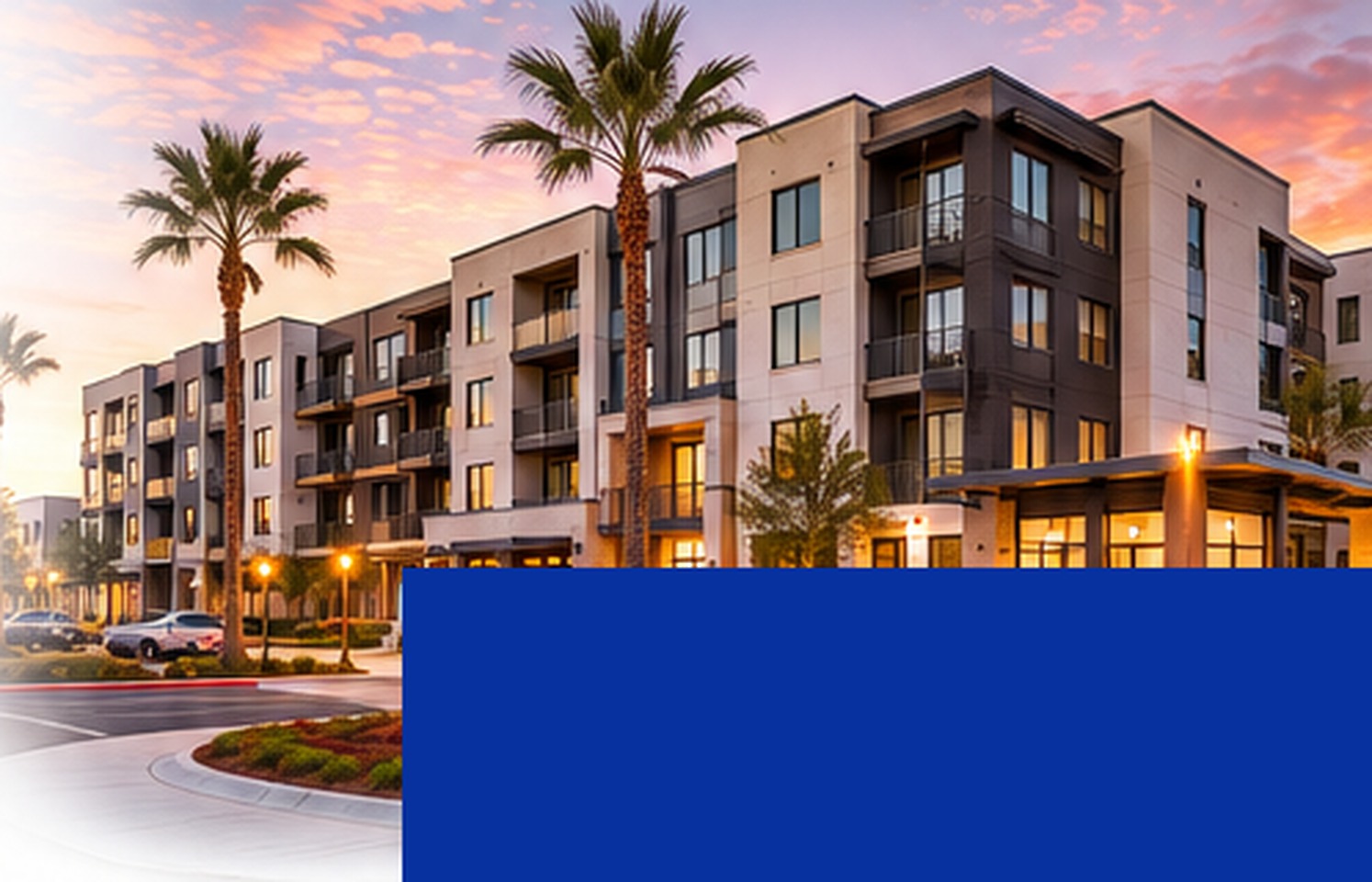 Modern apartment community for real estate investors at sunset